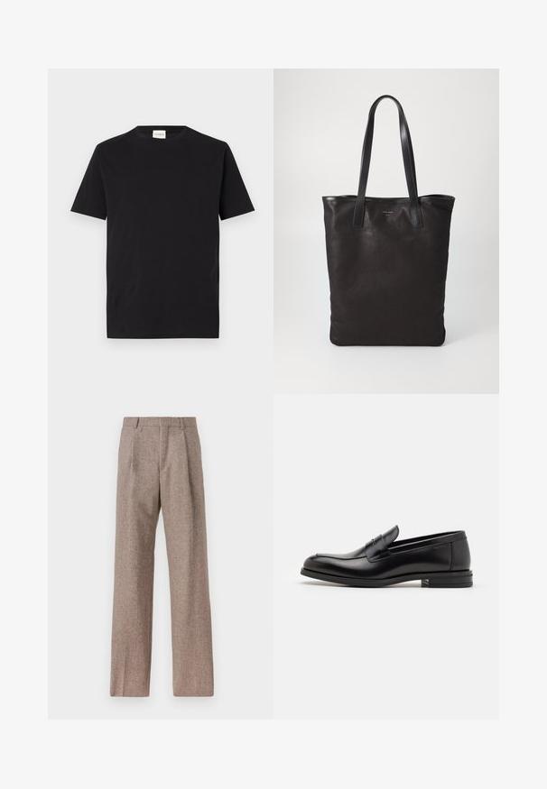 T-shirt de algodão preto com decote redondo e mangas curtas. Apresenta um corte reto e um design minimalista, com uma etiqueta visível na gola.; Calças castanhas de cintura alta feitas de tecido texturado. Apresentam pernas largas e duas pregas frontais para estrutura. Acabamento cuidadoso sem hardware visível.; Mocassins de couro preto com uma textura suave, bico arredondado e uma faixa decorativa sobre o peito do pé. Salto baixo e empilhado, design minimalista.; Saco de lona preto com alças de couro pretas. Design simples, corpo espaçoso e textura suave. Sem logótipos ou padrões visíveis.