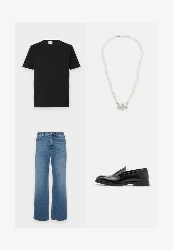 Black cotton t-shirt with a crew neckline and short sleeves. Features a straight cut and minimal design, with a tag visible at the collar.; Wide-leg blue jeans made of denim with a faded finish. Features five pockets, a front button closure, and a straight cut.; Black leather loafers with a smooth texture, rounded toe, and a decorative strap across the vamp. Low stacked heel, minimalist design.; Pearl necklace with a silver-tone clasp. Features round white pearls and a decorative, rhinestone-studded centerpiece.