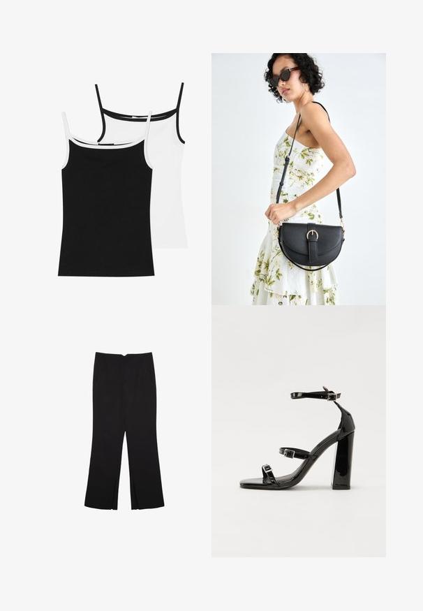 Dve topy s tenkými ramienkami: jedna čierna a jedna biela. Obe majú tenké ramienka a kontrastné lemovanie na výstrihu. Vyrobené z hladkého, elastického materiálu.; Čierne nohavice so strihom rovného strihu, s prednými vreckami a bočnými rozparkami na leme. Vyrobené z mäkkej, hladkej tkaniny. Vhodné na rôzne príležitosti.; Čierne lakované sandále na podpätku so štvorcovou špičkou, navlečenými remienkami okolo členku a striebornými prackami. Disponujú masívnym blokovým podpätkom pre stabilitu.; Čierna kožená kabelka s zaobleným tvarom, odnímateľným popruhom a zlatými doplnkami. Kabelka má klopu s detailom s prackou.