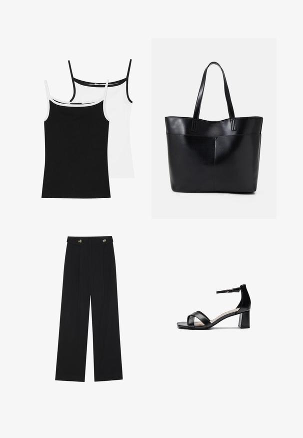 Two camisole tops: one black and one white. Both feature thin straps and contrasting trim on the neckline. Made of a smooth, stretchy fabric.; Black wide-leg trousers with high waist, button details on waistband, and front pleats.; Black open-toe heeled sandal with crossed straps, adjustable ankle strap, and a chunky heel, featuring a smooth leather texture.; Black leather tote bag with two long handles, a smooth texture, and a structured shape. Features a front pocket for additional storage.