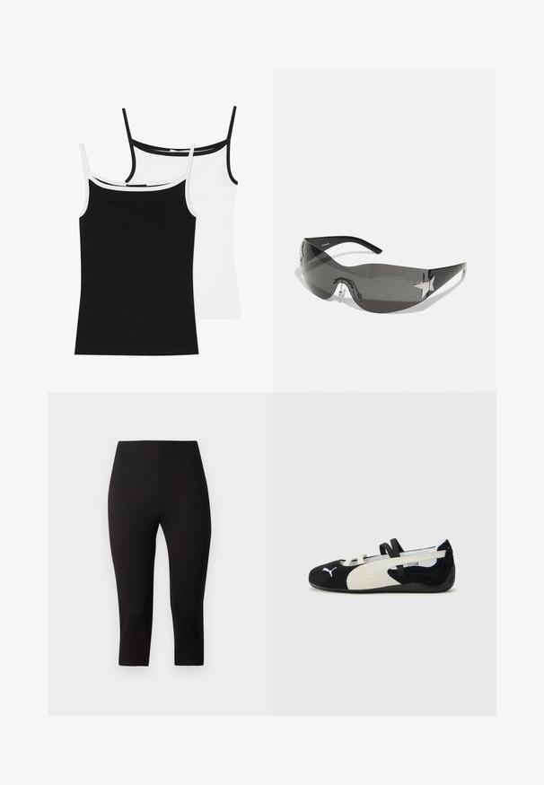 Dve topi s tankimi naramnicami: ena črna in ena bela. Obe imata tanke naramnice in kontrastni rob na izrezu. Izdelani so iz gladkega, raztegljivega materiala.; Visoko pasne črne legice, skrajšane dolžine, narejene iz raztegljivega materiala, gladke teksture, brez vidnih vzorcev ali kovinskih podrobnosti.; Črne in kreme ultra lahke čevlje z zgornjim delom iz semiša, ravnim podplatom, elastičnimi trakovi in majhnim logotipom na prstih.; Črne sončne očala z ovijajočim dizajnom, temno obarvanimi lečami, sijočimi zvezdastimi detajli in nastavljivimi nosnimi blazinicami.