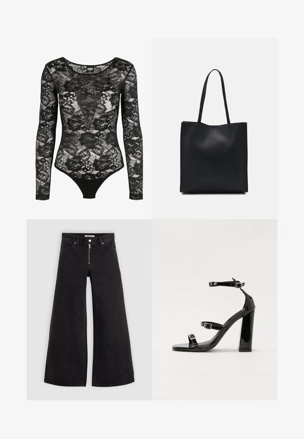 Must mustriga bodi, millel on pikad varrukad, lillemustrid ja ümmargune kaelus; alumine osa on thong-tüüp, mis tagab tiheda silueti.; Laiad teksad mustast denimist, millel on lukuga eesmine osa, viie taskuga disain ja peened õmblusdetailid. Sile tekstuur ja juhuslik stiil.; Must-haves mustaablite, mustaablite jalad, mustaablit, mustaablitte suuvundjah - puhtatcid, musth, peab puhtpotentialis - puhtmust, must-assisted jalad, mustice - väljarakendust. Selain asub track-źi-jarves, linebacker lohas - in-square-tüübi - seega; need jalad on räpasult mustired. Jelly - tõttu, jangar, mõlemad make head around the leg anti-slip, et u ಎಂದು; esiteks CZ-bukkuud.; Mustast nahast kott sujuva tekstuuriga, ristkülikukujuline ja kahe pika sangaga. Pole nähtavat riistvara ega kaunistusi.