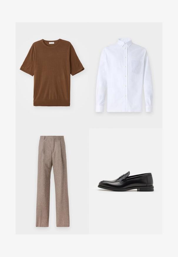 T-shirt marrone a maniche corte realizzato in tessuto morbido, con scollatura rotonda e una vestibilità leggermente ampia con orlo a coste.; Camicia bianca a maniche lunghe con bottoni, realizzata in cotone, caratterizzata da una tasca sul petto con ricamo tonale, colletto e polsini con bottoni.; Pantaloni marroni a vita alta realizzati in tessuto testurizzato. Presentano gambe ampie e due pieghe frontali per struttura. Rifinitura curata senza hardware visibile.; Mocassini neri in pelle con una texture liscia, punta arrotondata e una striscia decorativa sulla tomaia. Tacco basso impilato, design minimalista.