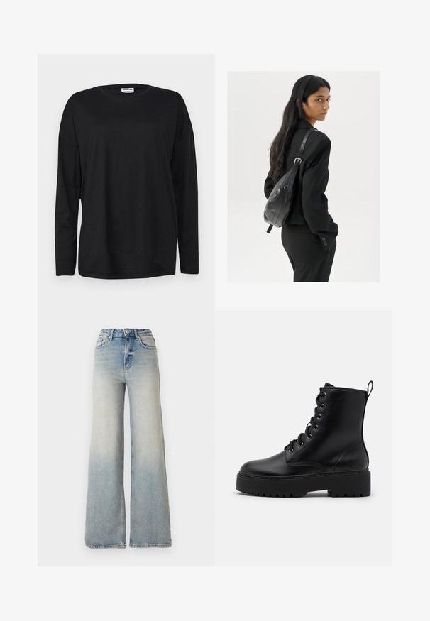 Crna majica dugih rukava od lagane tkanine, s okruglim izrezom, opuštenim krojem i zakrivljenim rubom.; Svijetloplave široke traperice od denima, s visokim strukom, pet džepova i vidljivim šavovima duž šavova.; Crne kožne gležnjače s debelim, teksturiranim potplatom, okruglim vrhom i metalnim rupama za vezivanje. Imaju oznaku za povlačenje straga.; Žena s dugom tamnom kosom koja nosi crno odijelo, drži crnu kožnu torbu preko ramena i gleda unazad na bijeloj pozadini.