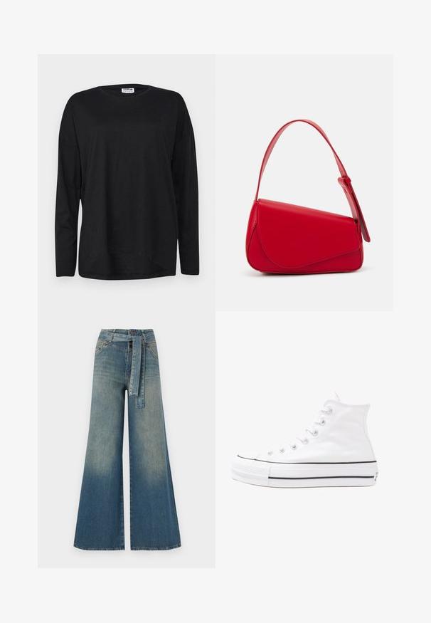 Čierne tričko s dlhým rukávom vyrobené z ľahkej látky, s okrúhlym výstrihom, voľným strihom a zakriveným lemom.; Džínsy s širokými nohavicami, ktoré majú prechod od svetlomodrej po tmavomodrú, vysoký pás, pútka na opasok a opasok z rovnakého materiálu. Textúrovaný denimový povrch.; Biele vysoké plátené tenisky s čiernou gumovou podošvou, prednou gumovou špičkou a šiestimi okami na šnúrky, s čistým, minimalistickým dizajnom.; Červená kožená kabelka s ostrým, geometrickým dizajnom. Má jeden nastaviteľný popruh a uzatváranie na klopu so šitím.