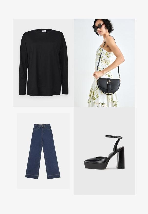 Zwarte lange mouwen T-shirt van lichtgewicht stof, met een ronde hals, een relaxte pasvorm en een gebogen zoomdesign.; Wide-leg jeans in donkerblauwe denim. Voorzien van vijf zakken, riemlussen en een rauwe zoom onderaan met zichtbare stikseldetails.; Zwarte plateauhakken met een puntige neus en verstelbare enkelband. Gemaakt van soepel leer, met een robuuste blokhak.; Zwarte leren handtas met een gebogen vorm, afneembare schouderband en gouden hardware. De tas heeft een klep met een gespsluiting.