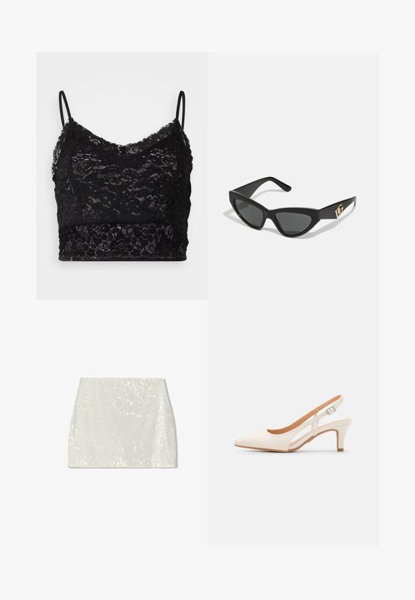 Bralet din dantelă neagră, cu bretele subțiri ajustabile, un model floral din dantelă și un band solid negru în partea de jos.; Bershka Fustă în formă de A - white; Sandaie cu toc alb, cu vârful ascuțit, material superior neted, toc mic tip bloc și design cu decupaj lateral, cu curea ajustabilă.; Ochelari de soare tip cat-eye cu un cadru din plastic mat de culoare neagră, lentile întunecate și un accent de logo aurit pe tâmple. Design unghiular și textură netedă.; Clutch Michael Kors din canva acoperit bej, cu un model repetitiv al logo-ului MK, accesorii din aur și o curea cu lanț detașabil.