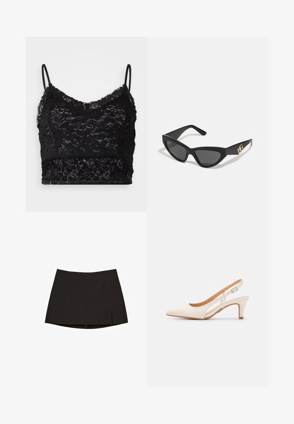 Schwarzer Spitzen-Bralette mit verstellbaren Spaghettiträgern, floralem Spitzenmuster und einem soliden schwarzen Band am unteren Rand.; Schwarzer Minirock aus glattem Stoff, mit geradem Schnitt, Seitenschlitzen und sauberem Saum. Einfach und vielseitig.; Weiße Slingback-Absätze mit spitzer Zehenpartie, glattem Obermaterial, niedrigem Blockabsatz und seitlichem Ausschnitt-Design mit verstellbarem Schnallenriemen.; Cat-Eye-Sonnenbrille mit mattem schwarzen Kunststoffrahmen, dunklen Gläsern und einem goldenen Logoplatz auf dem Bügel. Winkeliges Design und glatte Oberfläche.; Michael Kors Clutch in beige beschichtetem Canvas mit einem wiederholten MK-Logo-Muster, goldfarbener hardware und einem abnehmbaren Kettenriemen.