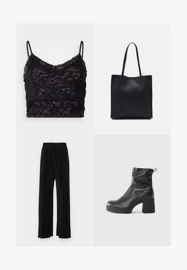 Juodas nėrinių braletas su reguliuojamomis spaghetti petnešėlėmis, gėlių nėrinių raštu ir tvirtu juodu juostos apačioje.; Juodi plisuoti kelnės su elastine juosta. Turėkite plačias kojas ir glotnų, tekstūrinį audinį su vertikaliais dryžiais.; Juodos kulkšninių botai, pagaminti iš lygaus odos, su šoniniu užtrauktuku, masyviu tekstūruotu kulnu ir apvaliu pirštu.; Juodas odinis tote krepšys su lygia tekstūra, stačiakampio formos ir dviem ilgais rankenomis. Matomų metalinių detalių ar puošybos nėra.