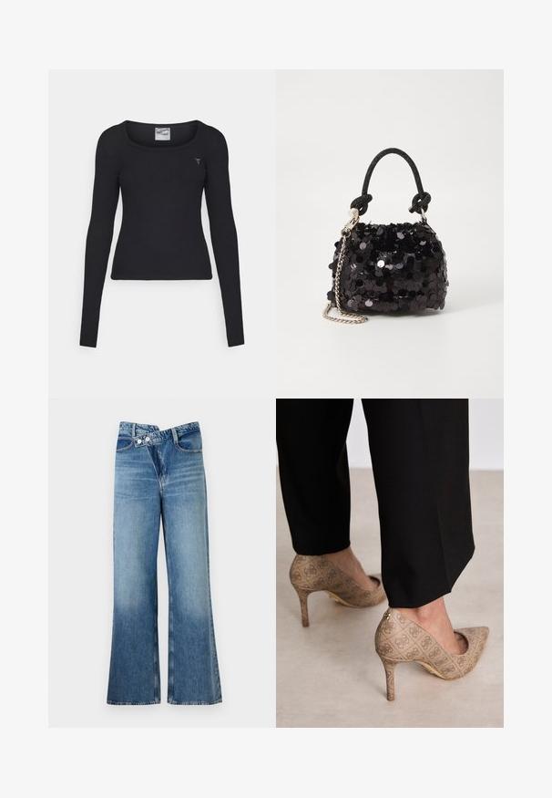 Musta ribbed pitkähiha-paita, jossa on laaja kaula-aukko ja pieni kolmiomainen logo rinnassa, kapea malli ja yksinkertainen muotoilu.; Vaaleansiniset farkut, joissa on leveät lahkeet ja korkea vyötärö. Farkuissa on kaksi nappia ja etutaskut. Kankaan pinta on kulunut ja siinä on hienovaraisia sävy-eroja.; Beige korkokenkiä, joissa on teksturoitu kangas, jossa on toistuva kuvio. Teräväkärkinen muotoilu, takana korostus ja kultaiset korkodetaalit.; Mustan paljetti-minilaukku, jossa on solmittu teksturoidu hihna ja hopeaketju. Pyöreä muoto, joissa on rypistetty yläosa ja heijastava yksityiskohta.