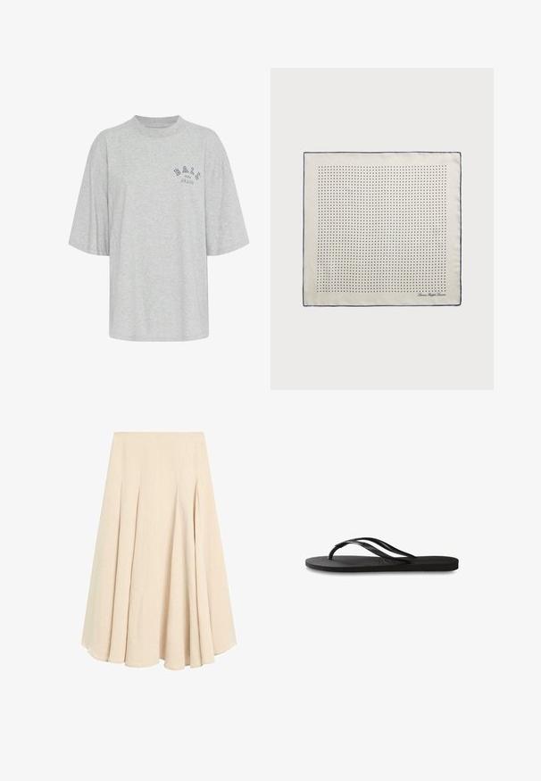 Šedé oversized tričko vyrobené z bavlny, s kulatým výstřihem, krátkými rukávy a potištěným logem v námořnické modři s nápisem "BALL THE JEANS".; Beige midi sukně ve tvaru A s přehyby, vyrobená z lehkého materiálu, s hladkým pasem a rozšířeným lemem.; Černé žabky s texturovanou gumovou podrážkou, dvěma štíhlými popruhy a jemným, embosovaným logem na popruhu.; Hedvábný šátek v krémové barvě s námořnicky modrým lemem, zdobený rovnoměrně rozmístěnými modrými tečkami vytvářejícími vzor. V rohu je tištěný podpis.; Hnědá semišová kabelka se strukturovaným tvarem, stříbrnými logovými kovovými doplňky, krátkým držadlem a odnímatelným ramenním popruhem. Hladký povrch, minimalistický design.