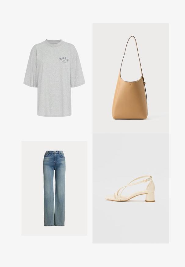 Siva oversize majica iz bombaža, ki ima okroglo ovratnik, kratke rokave in natisnjen logotip v mornarsko modri barvi z napisom "BALL THE JEANS".; Modra kavbojka z visokim pasom in ravnimi nogavicami, z sprednjimi žepi, zankami za pas in gumbnim zapiranjem, z blagim postaranim detajlom.; Beige sandale s peto na blok, z zapletenim dizajnom in prilagodljivim gležnjenjcem, izdelane iz gladkega sintetičnega materiala z mat površino.; Usnjena torba za ramo v svetlo rjavi barvi z gladko teksturo, minimalističnim dizajnom, eno ukrivljeno naramnico in subtilnimi detajli iz kovine.