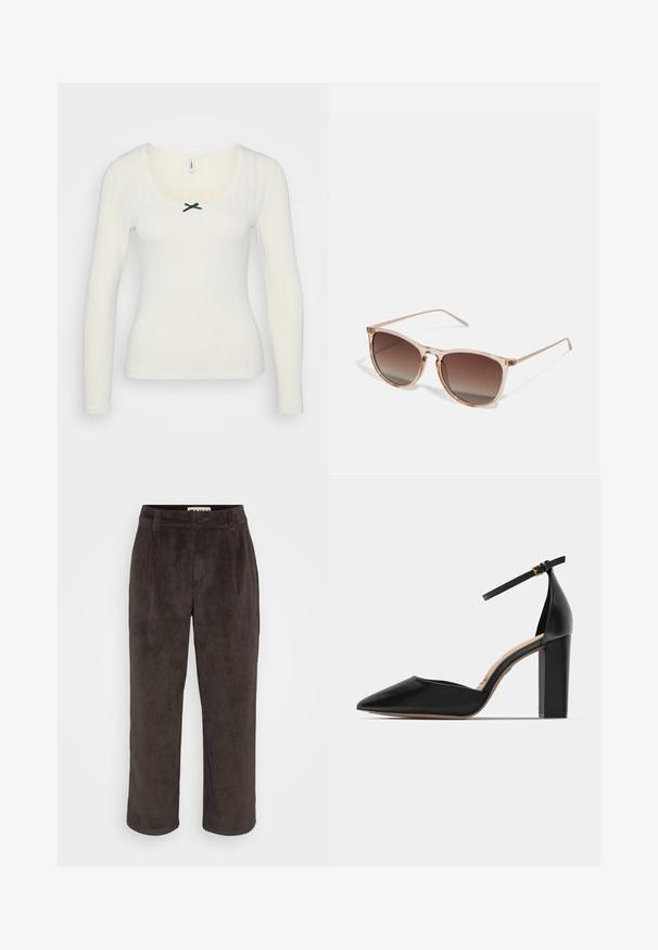 Biele dlhý rukáv top s rebrovanou textúrou, výstrihom do tvaru lode, čipkovaným lemovaním a čiernou mašľou na prednej strane. Materiál z bavlnenej zmesi.; Hnedé kordúrové nohavice s rovnými nohavicami, jemnou textúrou a predným zapínaním na gombík so bočnými vreckami.; Čierna kožená vysoká topánka na podpätku s členkovým remienkom, špicatou špičkou a štvorcovým hrubým podpätkom. Hladká textúra s minimalistickým dizajnom.; Hnedé slnečné okuliare s prechodovým efektom a priehľadným ružovým rámom, štvorcového tvaru a tenkými kovovými ramenami. Obsahujú zaoblené okraje a minimálne detaily.