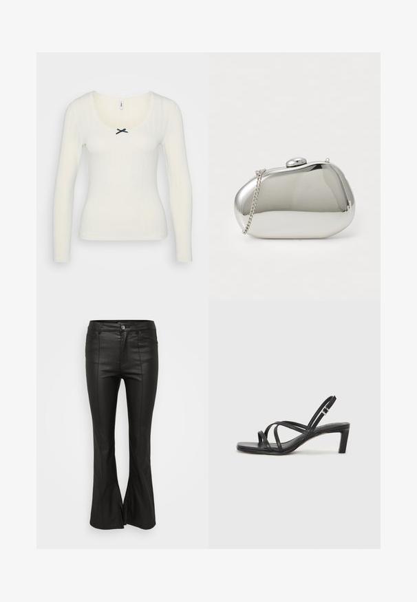Bluză albă cu mânecă lungă, cu textură cu dungi, gât rotund, cu dantelă pe margine și un accent cu fundiță neagră în centru. Material din amestec de bumbac.; Pantaloni negri evazați cu o textură lucioasă, asemănătoare pielii, prezentând buzunare frontale, închidere cu nasture și fante pe laterale la tiv.; Sandal cu barete negre, cu vârf pătrat și toc mic de bloc. Prezintă mai multe barete subțiri și o bareta ajustabilă la gleznă. Fabricat din piele netedă.; Clutch metalic argintiu cu o formă rotunjită și netedă. Dispune de un sistem de închidere cu carabină și o curea detașabilă. Suprafață reflectorizantă, fără modele.