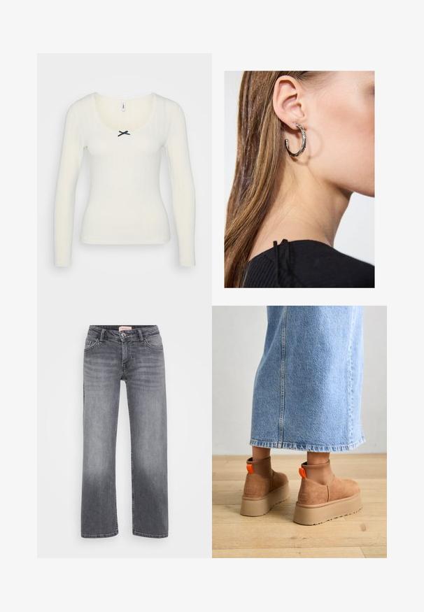 Vit långärmad topp med ribbad textur, rundad halsringning, spetsdetalj och en svart rosett i mitten fram. Tillverkad av bomullsblandning.; Grå denimjeans med rak passform, femficksdesign, subtil blekning och knappstängning i midjan.; Bruna mockakängor med plattform och elastiska sidopaneler samt orange dragflikar, till kombinerade med en knälång ljus denimkjol på ett trägolv.; Silverörhänge med polerad yta, med små detaljer i guld och rund form, bärs på loben.