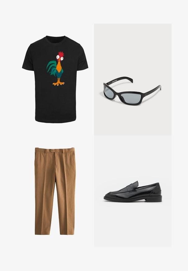 Mustapaita, jossa on värikäs sarjakuvakotka -kuvio, jossa on liioitellut piirteet ja suuret silmät, esittäen oransseja, vihreitä ja punaisia yksityiskohtia.; Ruskeat housut, joissa on teksturoitu kangas, rento istuvuus, yksittäinen nappikiinnitys ja vyölenkit. Sisältää sivutaskut ja suoralahkeisen muotoilun.; Musta nahkakengät, joissa on sileä pinta, pyöristetty varvas ja kapea nauha päällä. Matala paksu kanta.; Mustat aurinkolasit, joissa on tyylikkäästi kulmikas muotoilu. Varustettu harmailla linsseillä ja kiiltävillä muovikehyksillä. Sisältää pieniä metallikoristeita ja brändäystä vartta pitkin.