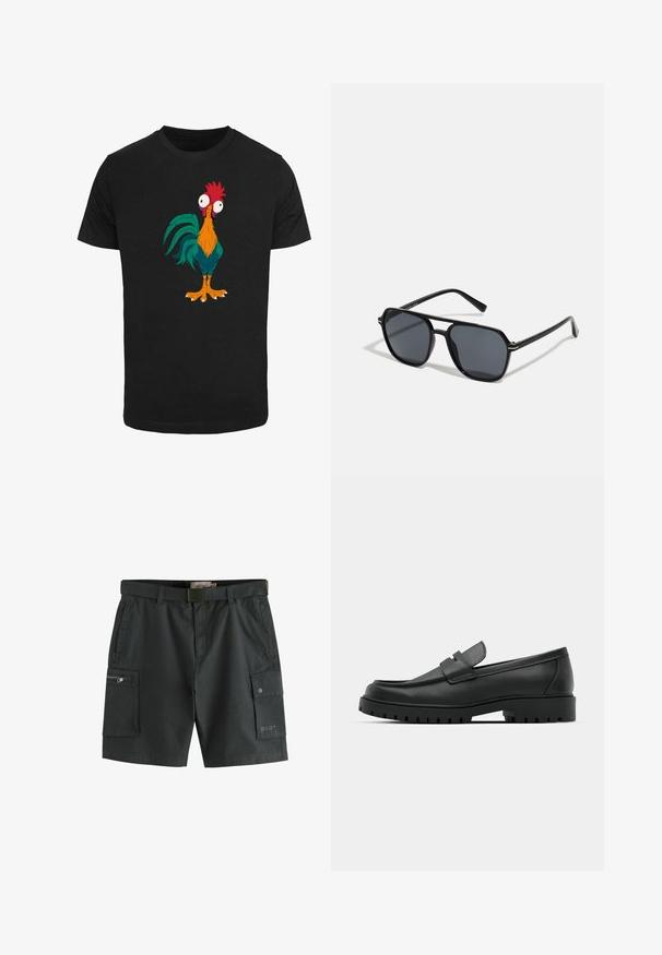 Melna T-kreklu ar krāsainu multfilmu vistas dizainu, kuram ir izteiktas iezīmes un lielas acis, ar oranžiem, zaļiem un sarkaniem akcentiem.; Tumši pelēki kravas šorti ar jostu. Iespējas ietver vairākas kabatas, rāvējslēdzēja kabata kreisajā kājā un teksturēta auduma materiāls.; Melnas ādas loafers ar noapaļotu purngalu, ar izšūtu dizainu, zemu platformas zoli un teksturētu, rievotu gumijas ārējo zoli.; Melnas saules brilles ar astoņstūra rāmī, tumšiem stikliem, spīdīgu apdari, plānām kājām un zelta akcentiem priekšpusē.