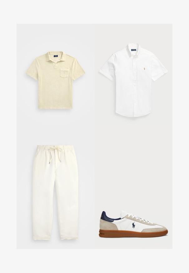 Kortärmad pikétröja i ljusbeige, tillverkad av mjuk bomull, med krage och en ficka fram. Strukturerad tyg med avslappnad passform.; Vit kortärmad skjorta med knappar i bomull och spetsig krage, med en liten broderad logotyp på vänster bröst.; Ljus krämfärgade, avslappnade byxor i mjukt tyg. Har elastisk midja med dragsko och smalnande bendesign.; Vita och beige sneakers med ovandel i mocka och läder, marinblå detaljer och en brun gummisula. Har logotyp på sidan och snörningsdesign.