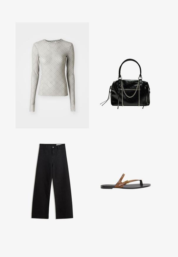 Langärmliges Oberteil in hellgrau mit einem geometrischen Diamantmuster in dunklerem Grau und grünen Akzenten, mit Rundhalsausschnitt und taillierter Form.; Schwarze weit geschnittene Jeans mit hoher Taille, ausgestattet mit Vorder- und Hintertaschen, gesteppten Nähten und einem Knopfverschluss. Glatte Textur.; Sandale aus braunem Leder mit einem goldenen Schnallendetail, flacher schwarzer Sohle und minimalistischer Gestaltung, mit einer glatten Textur.; Bershka WITH CHAIN - Handtasche - black