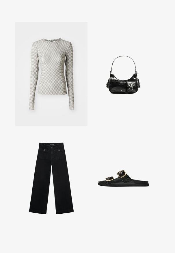 Dugi rukav u svijetlosivoj boji s geometrijskim dijamantnim uzorkom u tamnijoj sivoj i zelenim naglascima, s okruglim izrezom i prilagođenim oblikom.; Crne široke traperice s visokim strukom, koje imaju dva prednja džepa i metalne gumbe kao ukrase. Tkanina ima glatku teksturu.; Crne sandale na klizanje s dva zlatna akcenta u obliku kopči, glatkog teksturiranog materijala, ravnim potplatom i minimalističkim dizajnom.; Crna patentna kožna torba s zakrivljenim oblikom, jednim remenom za rame, prednjim džepovima i akcentima od srebrnog tona.