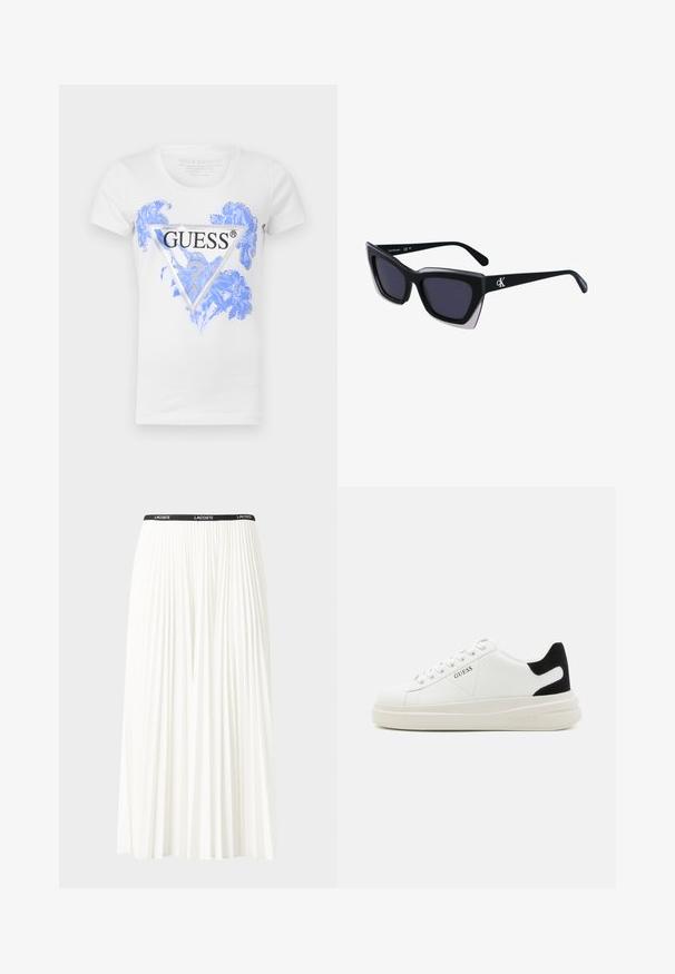 Witte t-shirt met korte mouwen met een blauw bloemmotief en een zwart driehoekig Guess-logo aan de voorkant. Gemaakt van een katoenmix.; Plisséminirok in het wit met een zwarte elastische tailleband met het "LACOSTE"-logo. Middellange ontwerp met een zachte textuur.; Witte leren sneakers met een dikke witte zool, zwarte suède hielaccent en een geperst logo op de zijkant. Vetersluiting met zes oogjes.; Zwarte oversized zonnebril met een geometrische vorm, voorzien van donkere glazen en een contrasterend grijs detail op het montuur. Logo op de arm.