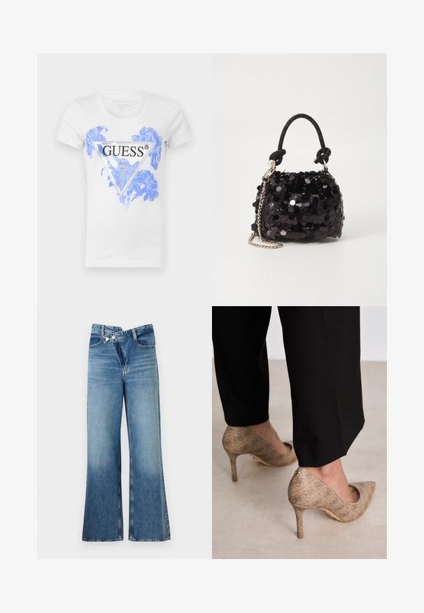 Hvid kortærmet t-shirt med et blåt blomstermotiv og et sort trekantet Guess-logo på forsiden. Lavet af bomuldsblanding.; Lysblå denim flared jeans med høj talje, der har to knapper og forlommer. Stoffet har en falmet struktur med subtile variationer.; Beige høje hæle med et struktureret stof, der har et gentaget mønster. Spids tådesign med en bagsideaccent og guldhælsdetail.; Sort pailette mini håndtaske med en knyttet struktureret rem og sølv kæde. Rund form med samlet top og reflekterende detaljer.