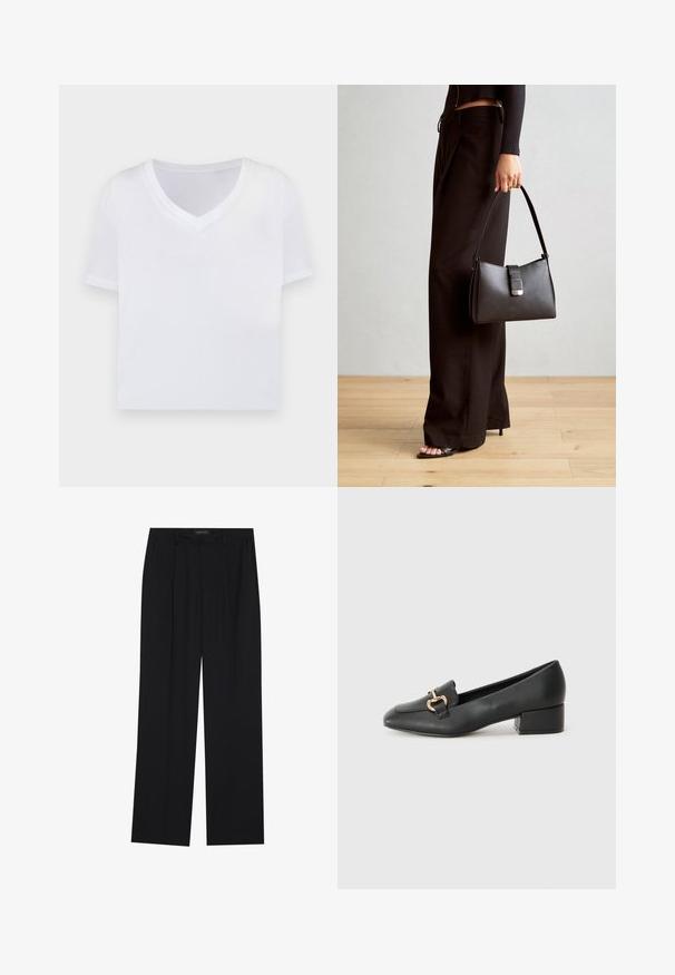 Valge lühikeste varrukatega V-kaelusega lühike t-särk, mis on valmistatud sileda ja kergest kangast. Ilma mustriteta ega nähtavate detailideta. Lihtne disain.; Mustad püksid sirgjoonelise disainiga, millel on kaks esist taskut ja muudatus. Valmistatud siledast, kergekaalulisest kangast.; Mustad nahast loafers madala kontsaga, millel on esiküljel dekoratiivne kuldne detalj ja sile tekstuur.; Must musta kott, millel on struktureeritud kuju, sile tekstuur ja metallist klamber. Kombineeritud laiate mustade pükstega ja avatud varvaste sandaalidega puidust põrandal.