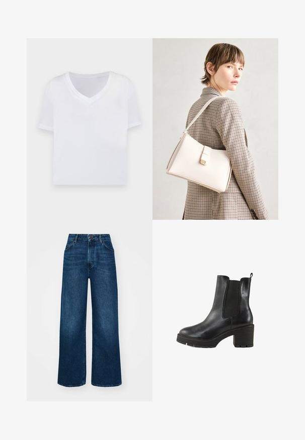 Bela skrajšana majica s kratkimi rokavi in V-izrezom, narejena iz gladkega, lahkega materiala. Brez vzorcev ali vidnih delov. Enostavna zasnova.; Hlače z visokim pasom in širokimi nogavicami iz temno modrega denima z gladko teksturo, kontrastnim šivanjem in zasnovo s petimi žepi. Sprednje zapiranje na gumb.; Črne usnjene gležnjarje z elastičnimi stranicami, masivnim teksturiranim peto in zanka za poteg. Zaobljen nos in izrazit rebrast podplat.; Bela usnjena torba s strukturirano zasnovo, opremljena z magnetnim zapiranjem in naramnico, prikazana na nevtralni ozadju.