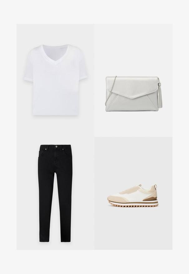 White cropped t-shirt with a v-neck, short sleeves, and a smooth, lightweight fabric. No patterns or visible hardware. Simple design.; Black denim jeans with a slim fit, featuring a front button closure, belt loops, and classic five-pocket design. Smooth texture.; Beige and white low-top sneaker with textured sole and pull tab at heel, displayed on a plain light background, side view.; Silver synthetic leather clutch bag with an envelope design, chain strap, and a tassel detail on one side, featuring angular seams.