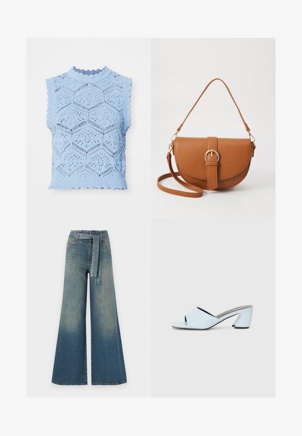 Heleda sinine kudum, mis on ilma varrukateta, omamoodi kuuekülgse mustriga, laineliste servadega ning kõrge kaelusega, millel on õhukesed sooned.; Laiad denimpüksid, millel on hele tume sinine gradiendiefekt, kõrge vöökoht, vöökumlid ja sobivast kangast vöö. Struktureeritud denimi viimistlus.; Heledad heles sinine avatud varvaga, geomeetrilise disainiga, laia rihmaga jala kohal ja nurga all oleva paksu kontsaga.; Pruun nahast õlakott, millel on kumer kuju, kullavärvi riistvara ja pandlaga kaunistus. Omab eemaldatavat õlarihma.