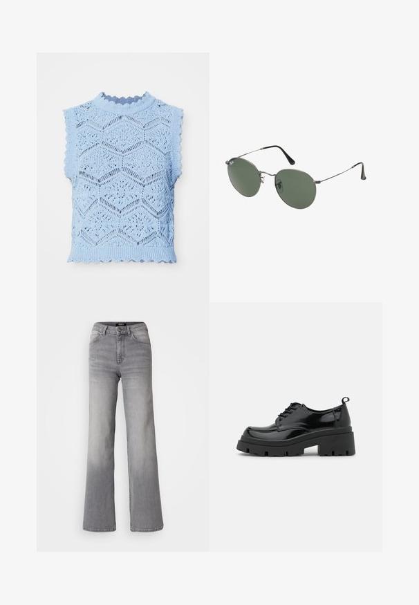 Šviesiai mėlynas megztinis be rankovių, pasižymintis šešiakampiu raštu, banguotais kraštais ir aukštu kaklu su plona guma.; Aukštai juosmens tiesios kojos pilkos džinsinės kelnės su priekiu užsegamu mygtuku ir užtrauktuku, priekiniais ir galiniais kišenėmis, bei išblukimu ant šlaunų ir blauzdų.; Juodos lakinės odos bateliai su storu platformos padu ir storomis raištelėmis. Suapvalinta nosis, minimalus dekoravimas ir mažas kulno žymeklis nugaros pusėje.; Metaliniai akiniai su ovaliais žaliais lęšiais. Plonas sidabro spalvos metalinis rėmas ir juodi ausų laikikliai. Minimalistinis dizainas, be matomų logotipų.