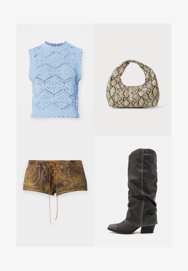 Svetlo modra pletena brezrokavnik s hexagonalnim vzorcem, valovitimi robovi in visokim ovratnikom s tankim rebrastim šivom.; Rjave kratke hlače s debelo vezavo in kontrastnimi rjavimi vezalkami. Imajo odprtine in prilegajoč dizajn za povečan občutek prileganja.; Sivi usnjeni škornji do meč, z ohlapnim dizajnom, koničastim nosom in plitkim podplatom. Opazna šivana detajla na področju prstov.; Torba z vzorom kače s ukrivljenim ročajem. Narejena iz teksturiranih, bež in rjavih materialov, ki imajo značilen diamante vzorec.