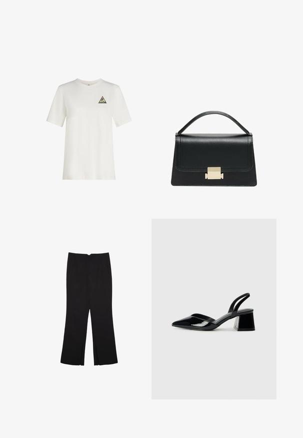 Bílý bavlněný tričko s krátkým rukávem a kulatým výstřihem, se trojúhelníkovou vícobarvou nášivkou na levé hrudi.; Černé kalhoty s rovným střihem, s předními kapsami a bočními rozparky na lemu. Vyrobené z jemné, hladké tkaniny. Vhodné na různé příležitosti.; Černé lakované kožené lodičky na pásku s špičatou špičkou a geometrickým blokovým podpatkem. Vyznačují se elegantním, minimalistickým designem a hladkým povrchem.; Černá kožená kabelka se strukturovaným designem, horním uchopením a zlatým kovovým zapínáním na přední straně. Hladký povrch, minimální švy.