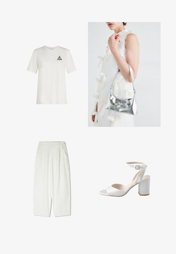 Bílý bavlněný tričko s krátkým rukávem a kulatým výstřihem, se trojúhelníkovou vícobarvou nášivkou na levé hrudi.; Volné, bílé kalhoty do kolen vyrobené z lehkého materiálu, s bočními kapsami a nařaseným elastickým pasem.; Bílé sandály na vysokém podpatku s lesklým saténovým svrškem, širokým blokovým podpatkem a kotníkovým páskem s malou sponou. Hladký povrch, minimalistický design.; Stříbrná kovová kabelka se strukturovaným tvarem, s horním držadlem a detailem v podobě mašle na přední straně. Hladký povrch, reflexní lesk.