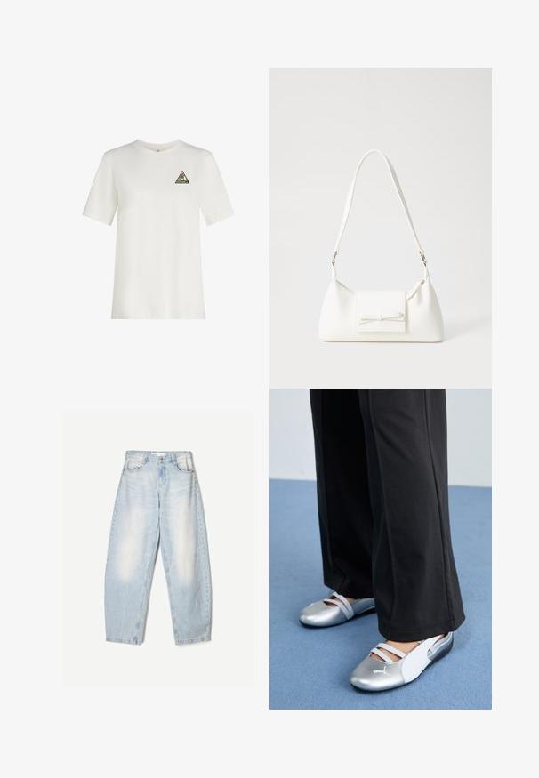 Weißes Baumwoll-T-Shirt mit kurzen Ärmeln und rundem Halsausschnitt, ausgestattet mit einem dreieckigen, mehrfarbigen Logo-Patch auf der linken Brust.; Hellblaue Jeans aus Denim mit lockerer Passform, im ausgewaschenen Finish, zwei Fronttaschen und einem Knopfverschluss am Bund.; Silberne und weiße flache Schuhe mit überkreuzten Riemen und strukturierten Details, ergänzt durch lockere schwarze Hosen. Vor einem blauen Boden.; Weiße synthetische Handtasche in dreieckiger Form, flache Vorderklappe und Schleifendetail, verstellbarer Trageriemen, glatte Textur und minimalistisches Design.