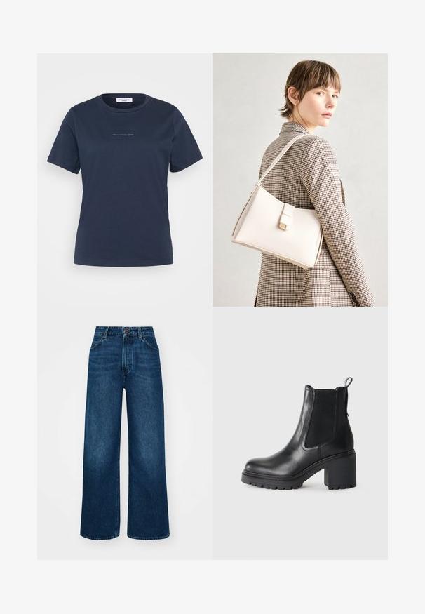 Sötétkék, rövid ujjú póló, amely 100% pamutból készült, kerek nyakú és a mellkasán egy kis „Mare O’Polo DENIM” logó található.; Magas derekú, széles szárú farmernadrág sötétkék denimből, sima tapintással, kontrasztos varrással és öt zsebes kialakítással. Elöl gombos záródás.; Fekete bőr bokacsizma vastag sarokkal, elasztikus oldalsó panelekkel és hátsó húzófüllel. Texturált talp a jobb tapadás érdekében.; Fehér bőr táska strukturált dizájnnal, mágneses záródással és vállpánttal, semleges háttér előtt bemutatva.