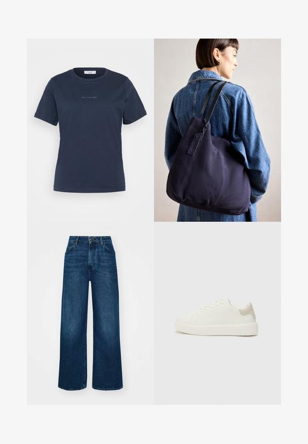 Námornícka modrá tričko s krátkym rukávom vyrobené z bavlny, s kruhovým výstrihom a malým logom "Mare O'Polo DENIM" na prednej strane.; Džíny s vysokým pásom a širokými nohavicami v tmavomodrom denime so hladkou textúrou, kontrastným prešívaním a dizajnom so piatimi vreckami. Predné zapínanie na gombík.; Biele nízke tenisky s hladkým povrchom, so svetlo béžovým semišovým akcentom na päte a hrubou bielou gumovou podrážkou.; Námorná plátenná taška na rameno s mäkkým, štruktúrovaným tvarom, vybavená čiernym popruhom, prešívaním a malou značkovou visačkou.