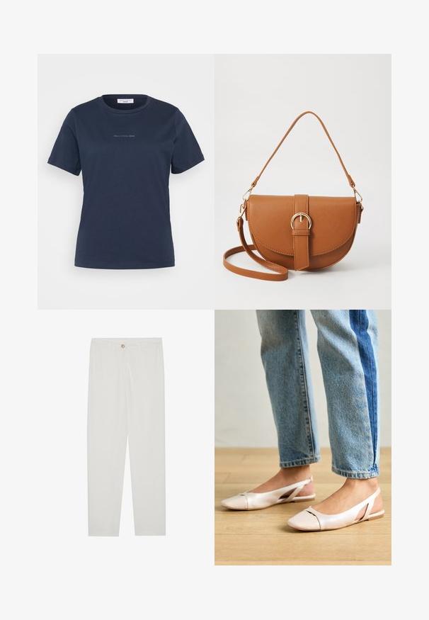 Tricou de bumbac bleu marin cu mânecă scurtă, cu guler rotund și un mic logo "Mare O'Polo DENIM" pe față.; Pantaloni albi, croiți, cu un design drept al piciorului, având sistem de închidere cu nasture, bucle pentru curea și buzunare laterale; textură de țesătură netedă.; Sandalete plate de un roz pal cu vârf ascuțit, realizate dintr-un material asemănător pielii, neted. Prezintă detalii decupate pe laterale și un toc plat.; Geantă din piele maro, tip crossbody, cu o formă curbată, accesorii aurii și un accent cu cataramă. Dispune de un curea de umăr detașabilă.