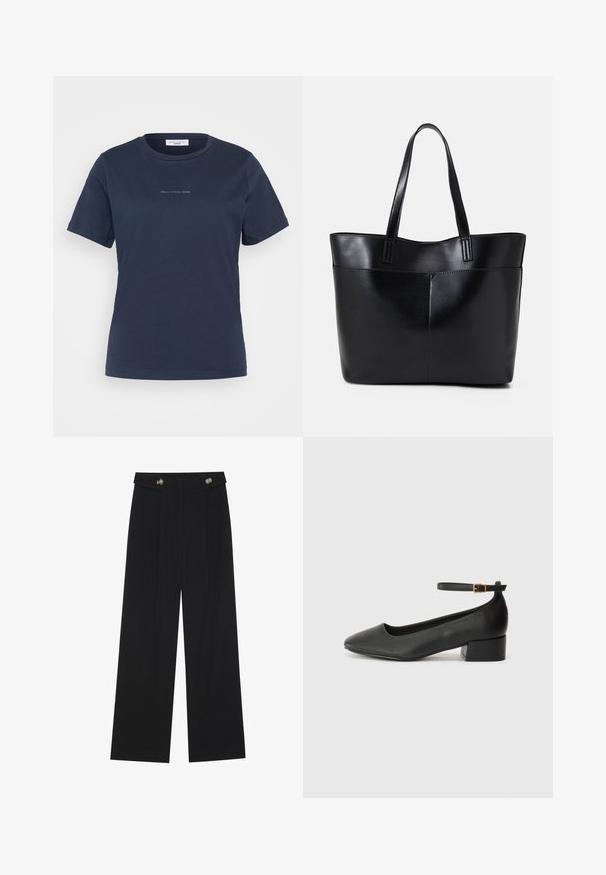 Navy blue short-sleeve T-shirt made of cotton, featuring a crew neckline and a small “Mare O’Polo DENIM” logo on the front.; Black wide-leg trousers with high waist, button details on waistband, and front pleats.; Black leather pump with a pointed toe and a low block heel. Features an ankle strap with a gold-tone buckle. Smooth texture.; Black leather tote bag with two long handles, a smooth texture, and a structured shape. Features a front pocket for additional storage.