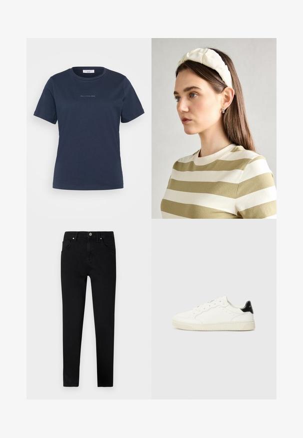 Navy blue short-sleeve T-shirt made of cotton, featuring a crew neckline and a small “Mare O’Polo DENIM” logo on the front.; Black denim jeans with a slim fit, featuring a front button closure, belt loops, and classic five-pocket design. Smooth texture.; White leather sneakers with round toes, lace-up front, perforated details, and a black heel accent. Textured rubber sole.; Cream padded headband with twisted design, paired with a beige and white striped shirt featuring a round neckline. Subtle jewelry accents.