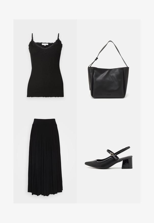 Černý žebrovaný tílko s krajkovým lemem u výstřihu a na spodním okraji. Má nastavitelné ramínka. Látka vypadá jemně a má přiléhavý střih.; Černá plisovaná sukně s vysokým, elastickým pasem. Vyrobena z měkké tkaniny, se svislými sklady pro splývavý siluetu.; Černé lakované lodičky s otevřenou patou, špičatou špičkou, zaobleným střihem a blokovým podpatkem. Zdobené akcentem v zlatém tónu.; Calvin Klein GRACIE MEDIUM - Kabelka - black