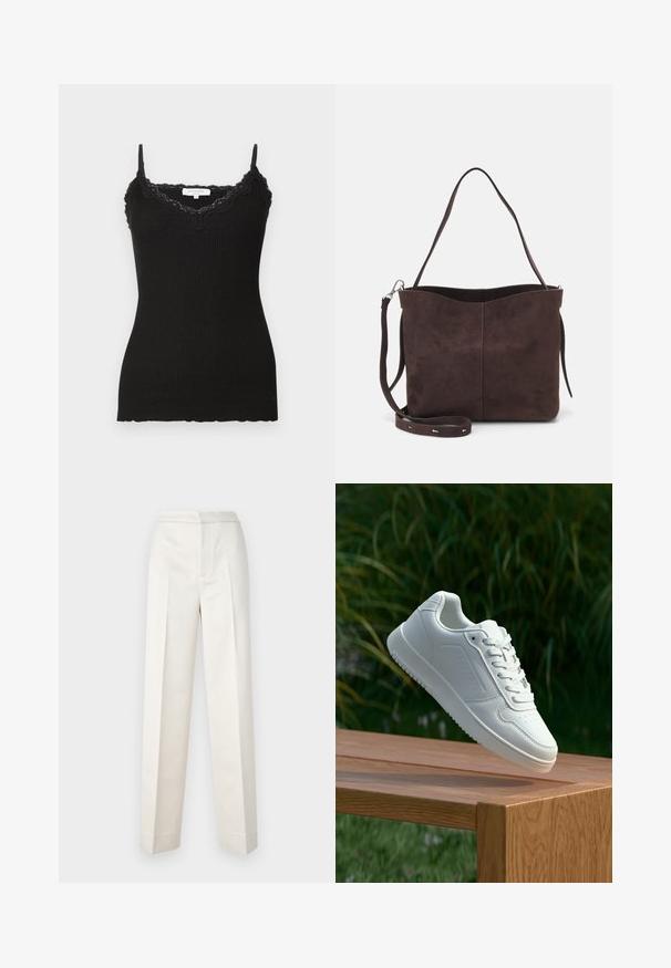 Črna rebrasta majica na naramnice z čipkastim obrobom pri ovratniku in robu. Ima nastavljive naramnice. Tkanina se zdi mehka in ima prilegan silhueto.; Hlače kremaste barve s krojem po meri, vsebujejo ravno nogavico, gladko blago, sprednje naborke in čist rob. Minimalističen dizajn.; Bela teniska s gladkim sintetičnim zgornjim delom, perforiranim prednjim delom, ravnimi vezalkami in teksturiranim podplatom, prikazana na leseni površini.; Rjava gamoška torba z mehkobo teksturo, ki ima en samo ramenski trak in subtilno ukrivljen zgornji del. Brez vidnih kovinskih detajlov.
