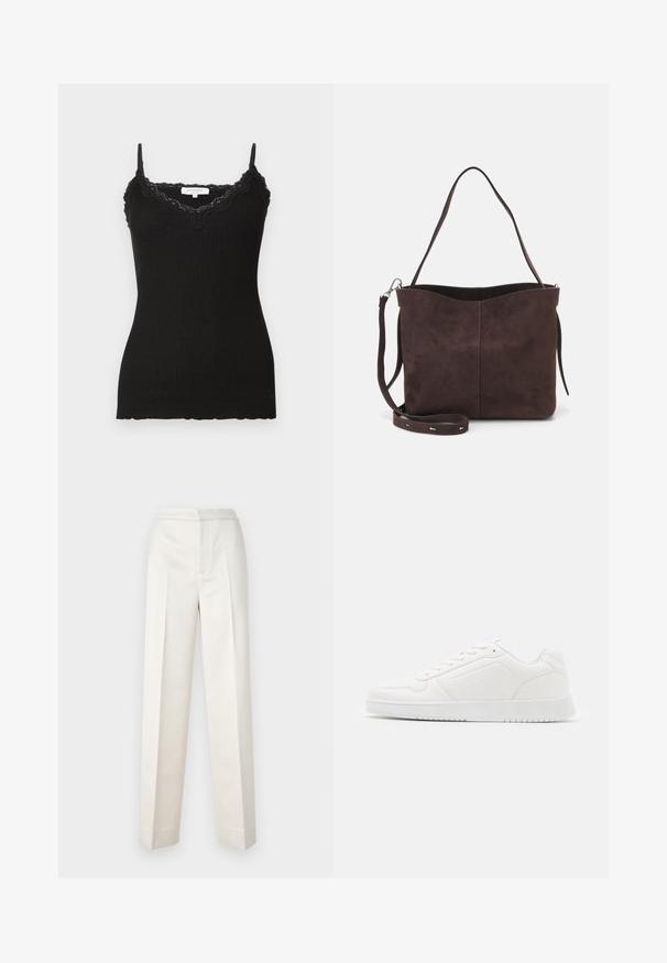 Schwarzes geripptes Tanktop mit Spitzendetails am Kragen und Saum. Mit verstellbaren Trägern. Der Stoff wirkt weich und hat eine figurbetonte Passform.; Cremfarbene Hosen mit figurbetonter Passform, gerader Beine, glattem Stoff, vorderen Falten und sauberem Saum. Minimalistisches Design.; Weißer Sneaker aus glattem synthetischem Material mit runder Spitze, Schnürdesign, flacher Sohle und dezenten Perforationen.; Braune Wildleder-Tasche mit weicher Textur, ausgestattet mit einem einzelnen Schulterriemen und einer dezenten, gewölbten Öffnung an der Oberseite. Keine sichtbaren Beschläge.