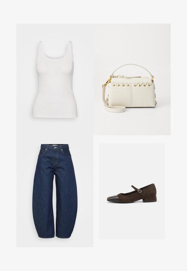 Bílý bavlněný top bez rukávů s kulatým výstřihem, širokými ramínky a přiléhavým střihem. Hladká textura bez viditelných vzorů nebo ozdob.; Džíny s vysokým pasem, tmavě modré, široké nohavice, zapínání na přední knoflík a zip, a klasický pětikapsový design.; Hnědé semišové boty Mary Jane s černým lakovaným špičkou, nastavitelným páskem a nízkým blokovým podpatkem. Hladká textura s minimálními akcenty.; Bílá kabelka z umělé kůže s horním zipem, krátkým uchem a odnímatelným popruhem přes rameno se zlatým kováním. Detail šněrování po stranách.; Stříbrný kruhový náušník s lesklým povrchem, zdobený malými zlatými akcenty, v kulatém tvaru, nošený na lalůčku.