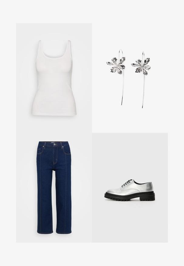 Fehér pamut ujjatlan felső kerek nyakkivágással, széles pántokkal és testhez simuló fazonnal. Zökkenőmentes, sima textúra, látható minták vagy díszítések nélkül.; Sötét kék, egyenes lábú farmernadrág gombos záródással, elülső és hátsó zsebekkel, valamint látható narancssárga varrással a varratok mentén.; Ezüst bőr oxford cipők, lekerekített orral, fekete gumitalppal és fekete fűzőkkel. A oldalain minimális varrási részletek találhatók.; Ezüst virágformájú fülbevalók, texturált felülettel, hosszú akasztókkal és szirmokra hasonlító részletekkel az összetett dizájn érdekében.