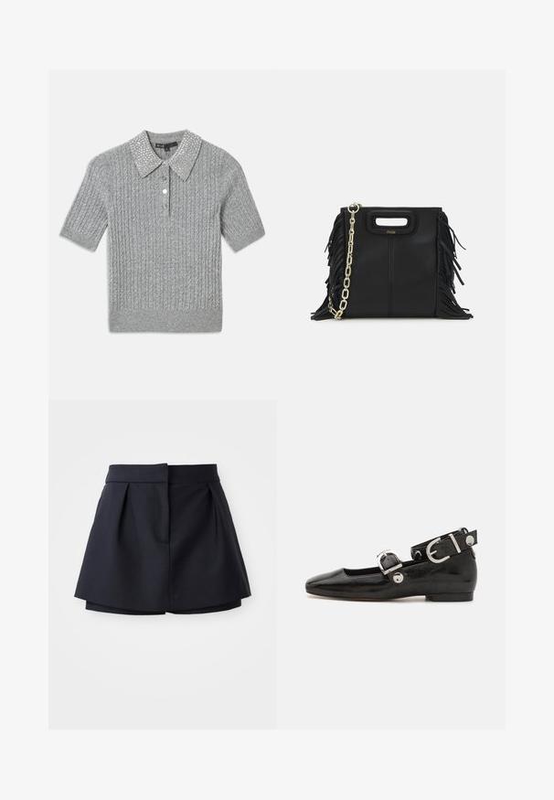 Szürke kötött pólóing rövid ujjakkal, bordázott textúrával és díszes gyöngyös gallérral. Előlapján három gomb található.; Sötétkék, redőzött sort, magas derékkal, sima anyagból készült. Fitt szabású és rejtett elülső zsebbel rendelkezik.; Fekete lakkbőr lapos cipő négyzet alakú orral, ezüst hardware-rel ellátott bokapánttal és lapos talppal. Simaságával és minimalista dizájnjával kiemelkedő.; Fekete bőr kézitáska, frufrus részletekkel, arany láncos vállpánttal és kivágott fogantyúval. Az elülső részen logó található.