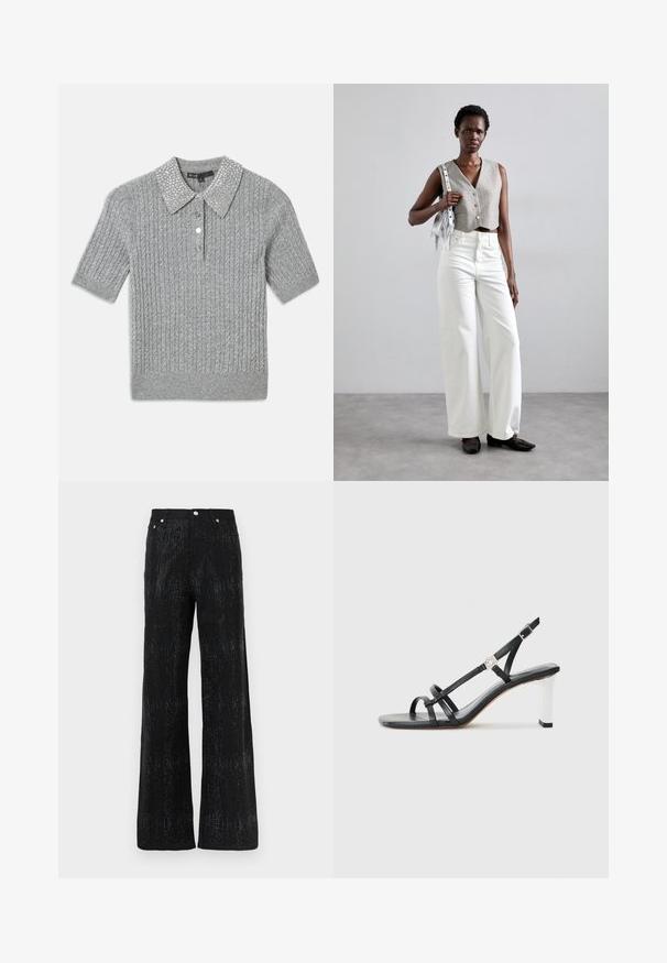 Grå stickad polo med korta ärmar, ribbat mönster och en dekorativ pärlkrage. Har tre knappar på framsidan.; Svarta vida byxor med en strukturerad yta, prydd med ett skinande mönster. Avslutade med ett standard midjeband och metallknappdetaljer.; Svarta klacksandaler med flera smala remmar, slingbackdesign och en silveraccent på klacken. Slät ovandel av material och fyrkantig klack.; Grå kortärmad väst med knappar, kombinerad med vita vida jeans och svarta platta skor. Accessoarer med en liten silverfärgad fransväska.