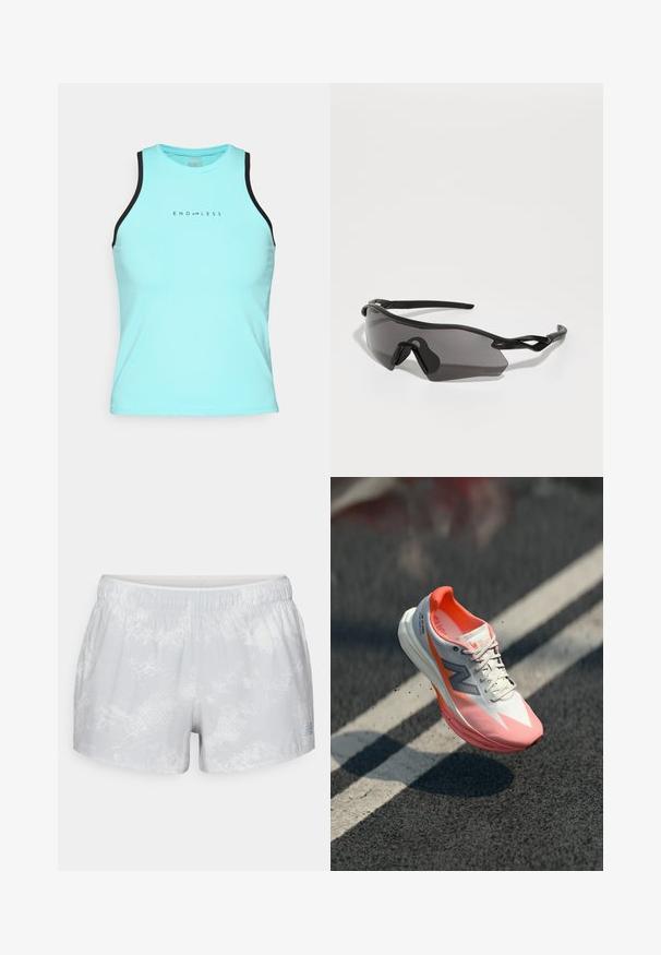 Endless ESSENTIAL - Top - aqua; New Balance PRINTED SHORT - Korte sportsbukser - grey matter; Løbesko med en hvid og pink overdel, der har en mesh-struktur, reflekterende detaljer og en polstret sål. Letvægtsdesign til høj præstation.; Sports solbriller med en hel wrap-around rammekonstruktion i sort plast, mørke tonede linser og et karakteristisk vinklet design. Fleksible ørearme for komfort.; Sort bandana med hvid tekst "Carhartt Detroit" i en ornamenteret skrifttype, omgivet af et geometrisk mønster og små hvide accenter.; Sølvmetal kædearmbånd med sammenlåste ovale og cirkulære led, med en klipslås og justerbar kædeforlængelse.