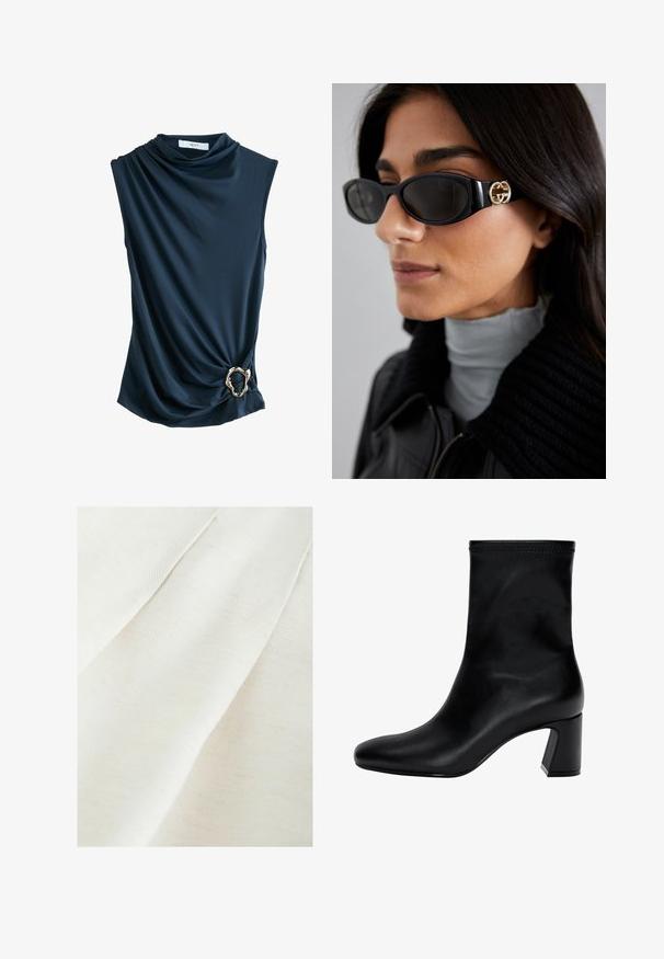 Top senza maniche di colore navy con tessuto drappeggiato, scollatura a cowl e un accento in anello metallico dorato in vita, che offre una texture morbida e liscia.; Tessuto in off-white con una leggera trama testurizzata, caratterizzato da morbide pieghe e leggere macchie. Finitura liscia e morbida.; Stivaletto nero fino alla caviglia in pelle liscia. Presenta una punta quadrata, un bordo elastico e un tacco robusto per la stabilità. Design minimalista.; Occhiali da sole neri con una montatura rettangolare elegante e un accento del logo dorato sul lato. Le lenti scure e la finitura lucida sono evidenti.; Borsa a tracolla in ecopelle bianca con patta pieghevole, hardware dorato e tracolla removibile. Presenta una chiusura con fibbia e una superficie liscia.