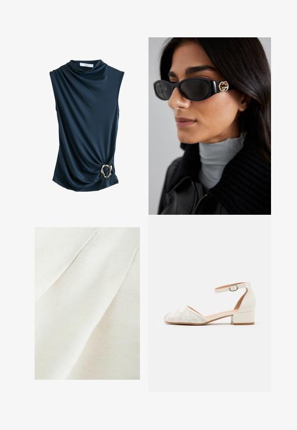 Mørkeblå ærmeløs top med draperet stof, draped halsudskæring og en metallic guldring som accent ved taljen, der tilbyder en glat og blød tekstur.; Tekstilstof i off-white med en subtil tekstureret vævning, der har bløde folder og svage prikker. Glat, blød overflade.; Hvide blonde ankelsko med lav, kraftig hæl og spids tå-design. Glat indvendig foring, tekstureret blondeoverdel og spænde-detalje.; Sorte solbriller med en strømlinet rektangulær ramme og en guld logoaccent på siden. Mørke linser og blank overflade er fremtrædende.